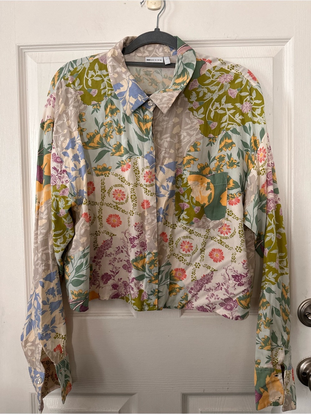 ASOS Patchwork Floral Button-Down Shirt in Green, Yellow, Pink and Blue
